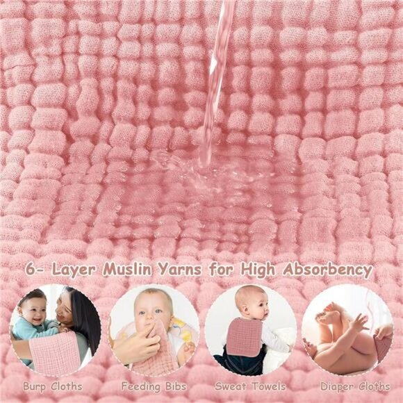 Muslin Burp Cloths 100 Cotton Baby Washcloths Soft Absorbent 6 Pack Pink - Picture 5 of 7